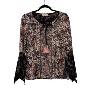 Farmers Market Women's Small Boho Blouse Tassle Long Bell Sleeve Top Pink